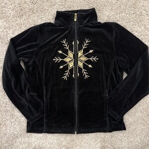 Vtg Onque Casuals Black Velour Long Sleeve Zip Jacket Gold Snowflake Applique XL